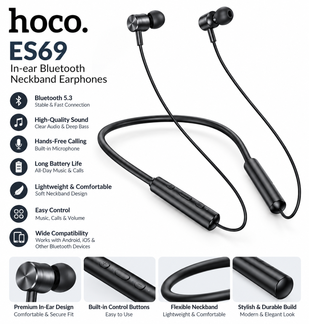 Hoco ES69 In-ear Bluetooth Neckband Earphones with Built-in Microphone and Bluetooth 5.3