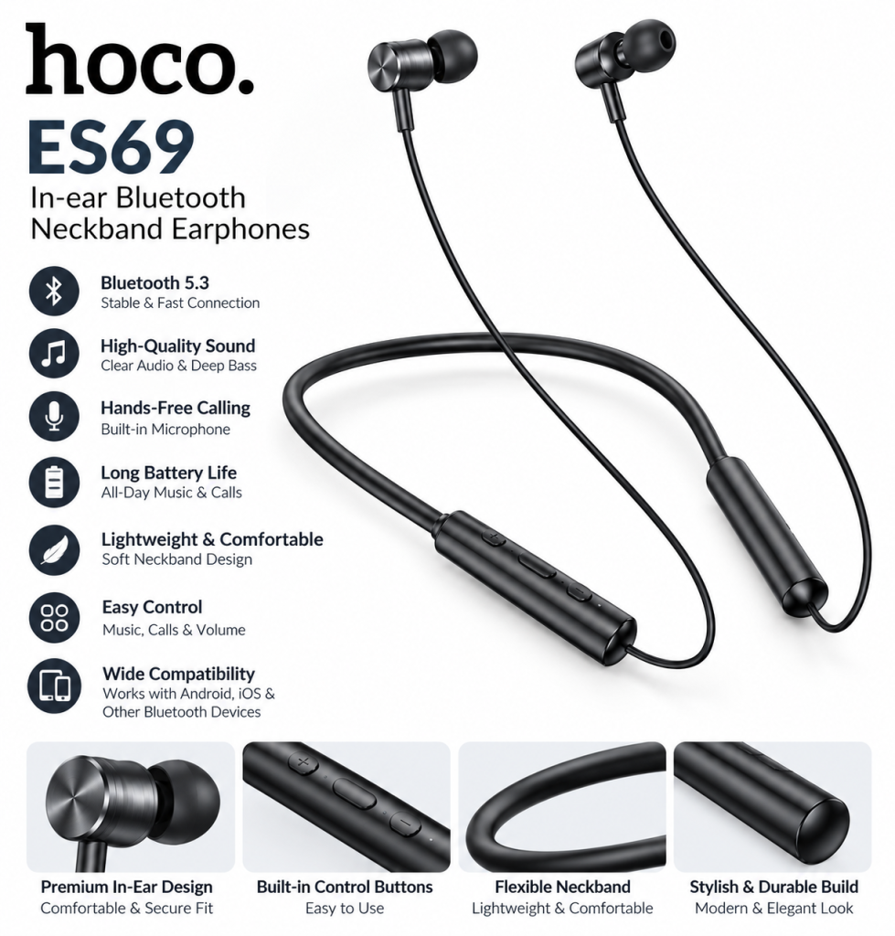 Hoco ES69 In-ear Bluetooth Neckband Earphones with Built-in Microphone and Bluetooth 5.3