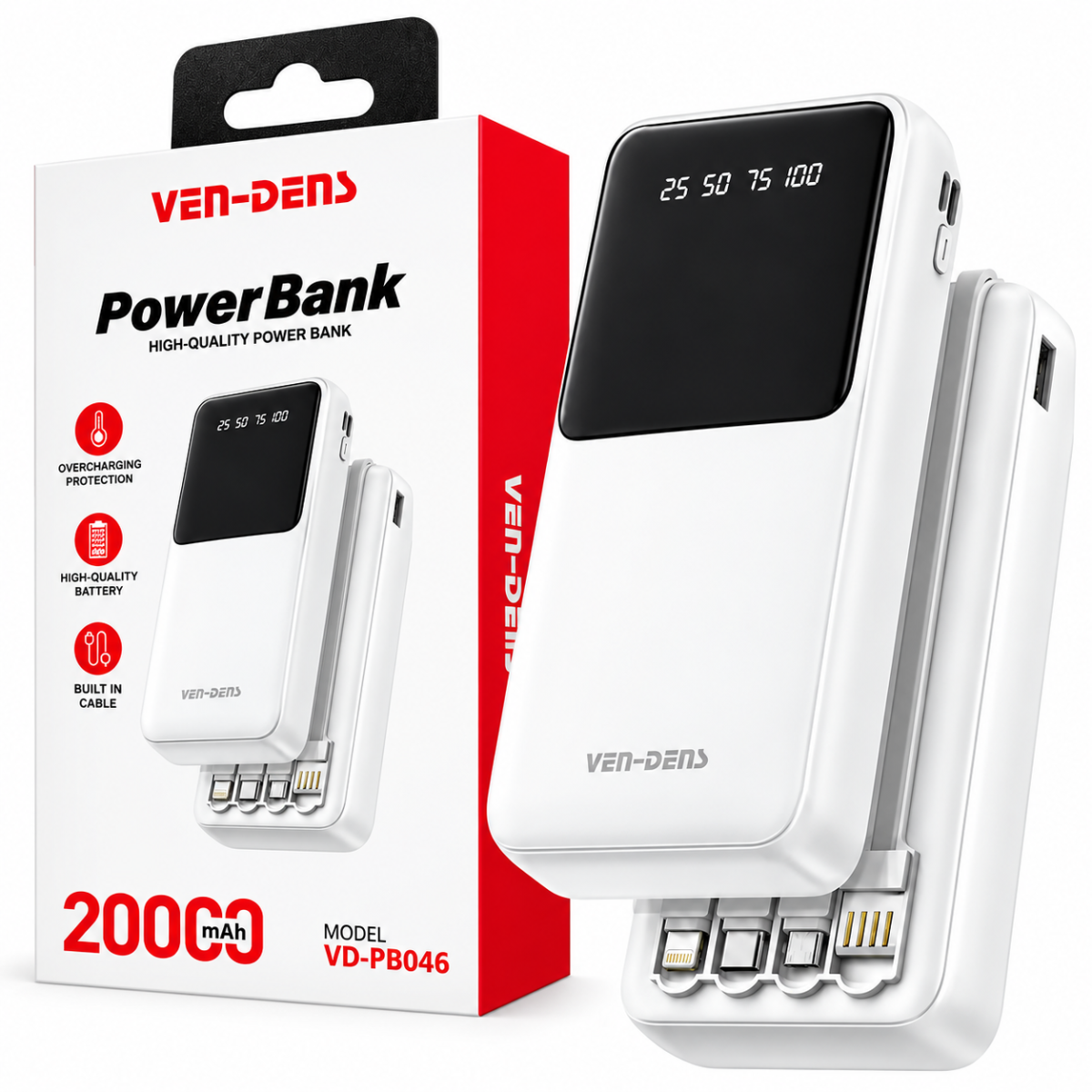 Alt Text: VEN-DENS VD-PB046 20000mAh 22.5W Fast Charging Power Bank with Built-in Type-C and Lightning Cables & Digital Display Is this conversation helpful so far?
