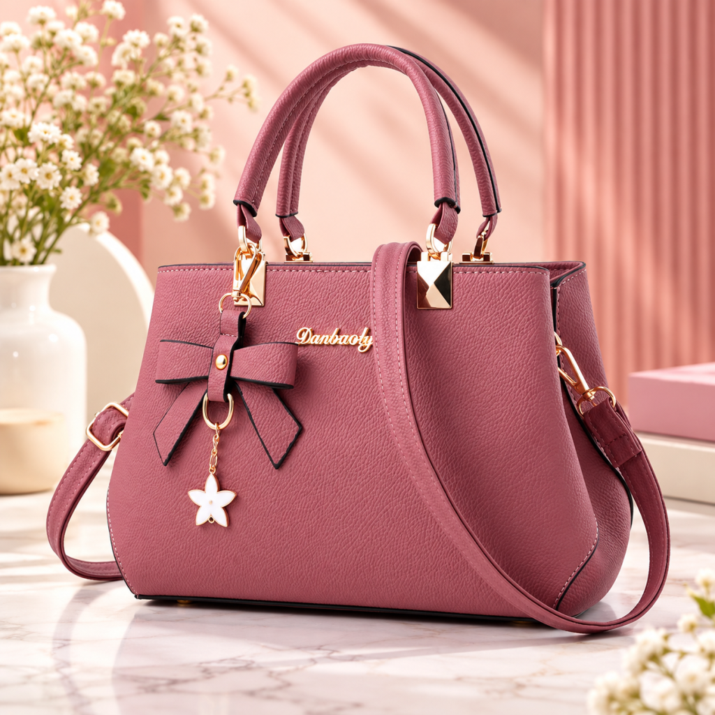 Elegant Women’s Handbag with Shoulder Strap & Bow Charm – Pink