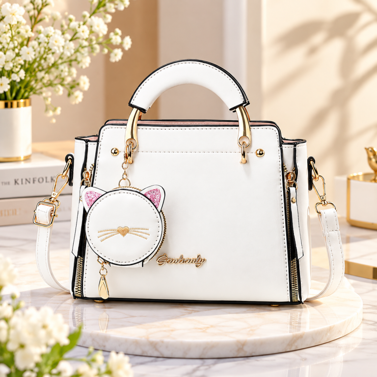 Elegant Women’s Handbag with Shoulder Strap & Cute Cat Coin Purse – White