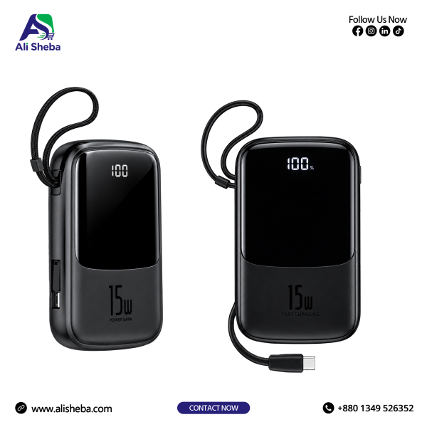 **Alt Text:** Baseus Qpow Pro 10000mAh Power Bank with 22.5W Fast Charging, Digital Display and Type-C Port – Black