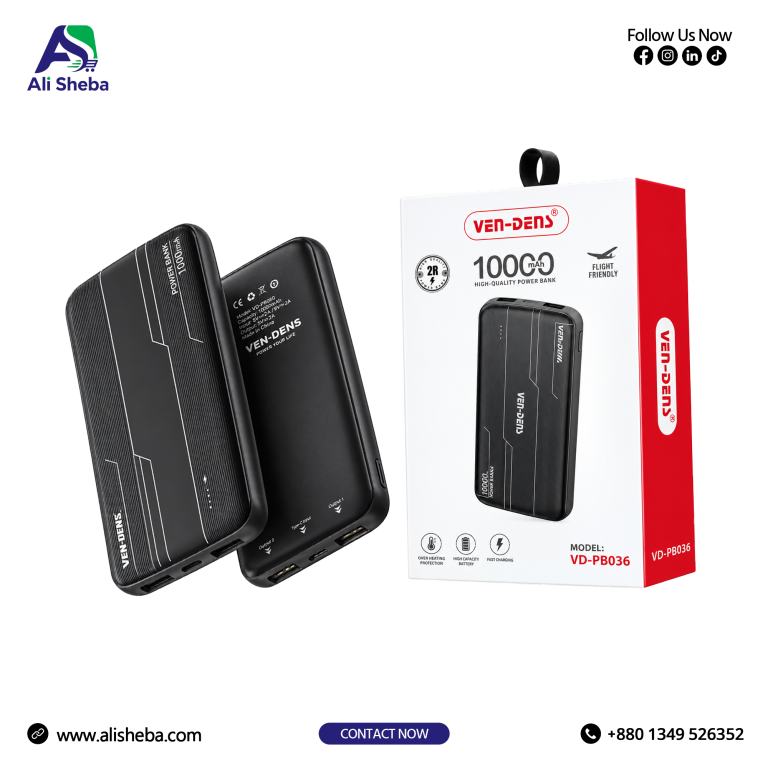 **Alt Text:** VEN-DENS VD-PB036 10000mAh Power Bank with Type-C and Dual USB Ports