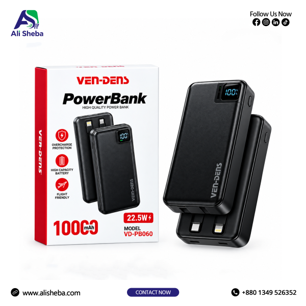 VEN-DENS VD-PB060 10000mAh 22.5W Power Bank with Built-in Type-C and Lightning Cable