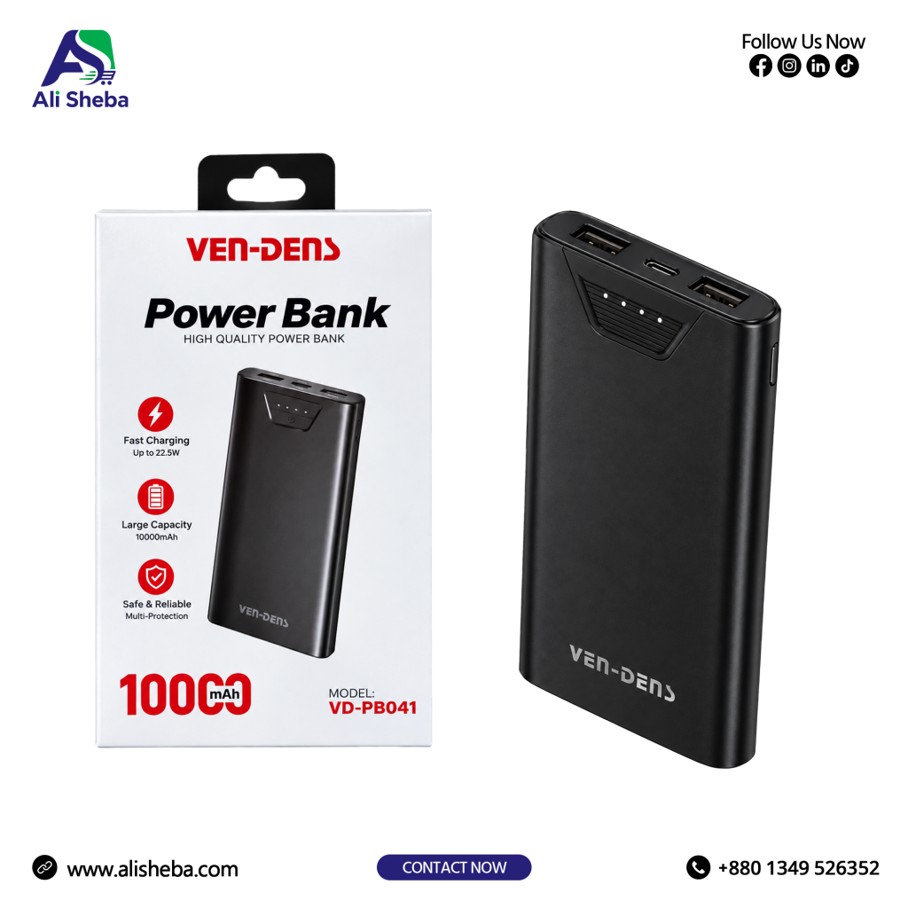 Ven-Dens VD-PB041 10000mAh Power Bank with Dual USB Output and LED Battery Indicator